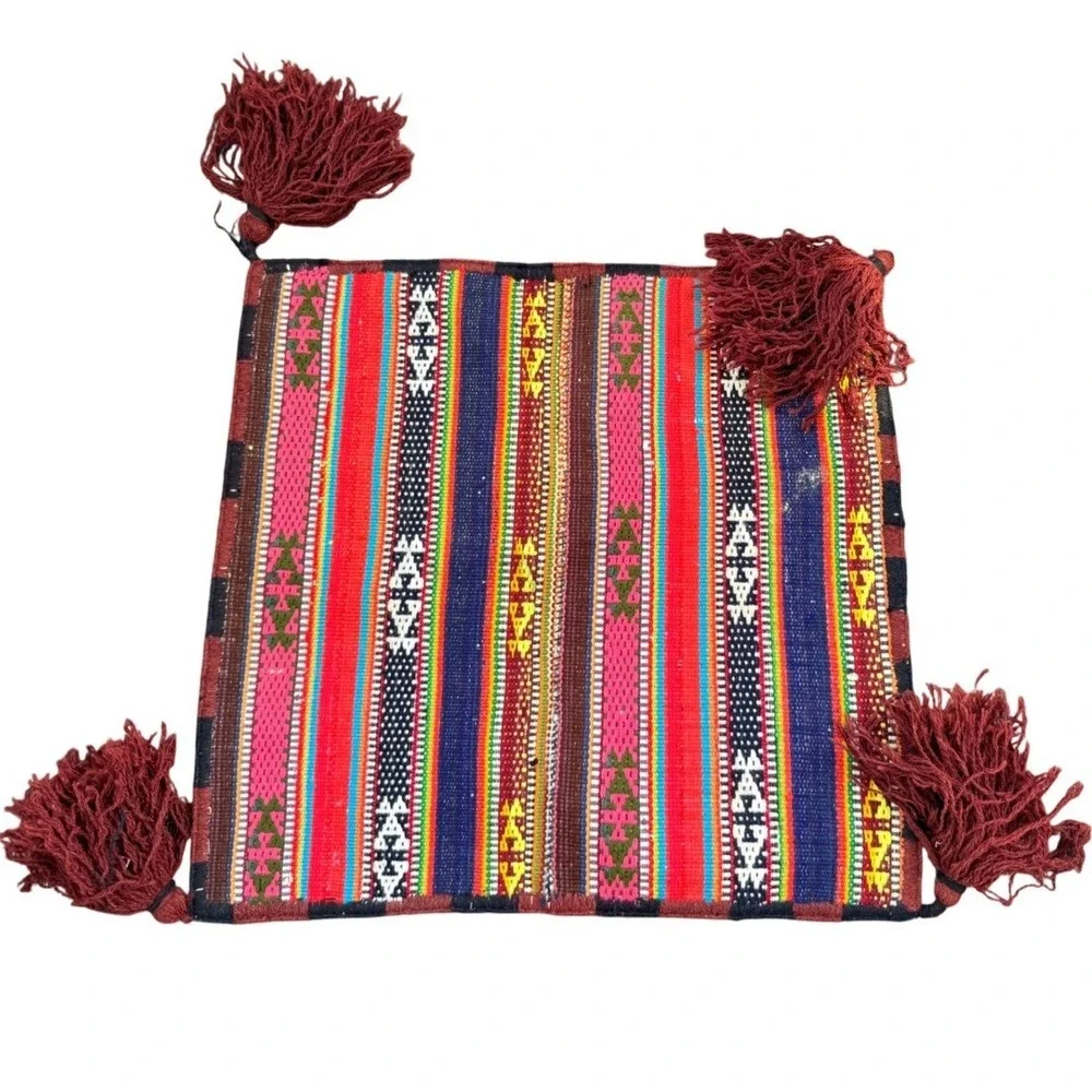 Vintage Handwoven Tribal Striped Pillow Case Tassels Boho‎ Seating Cover 24x23